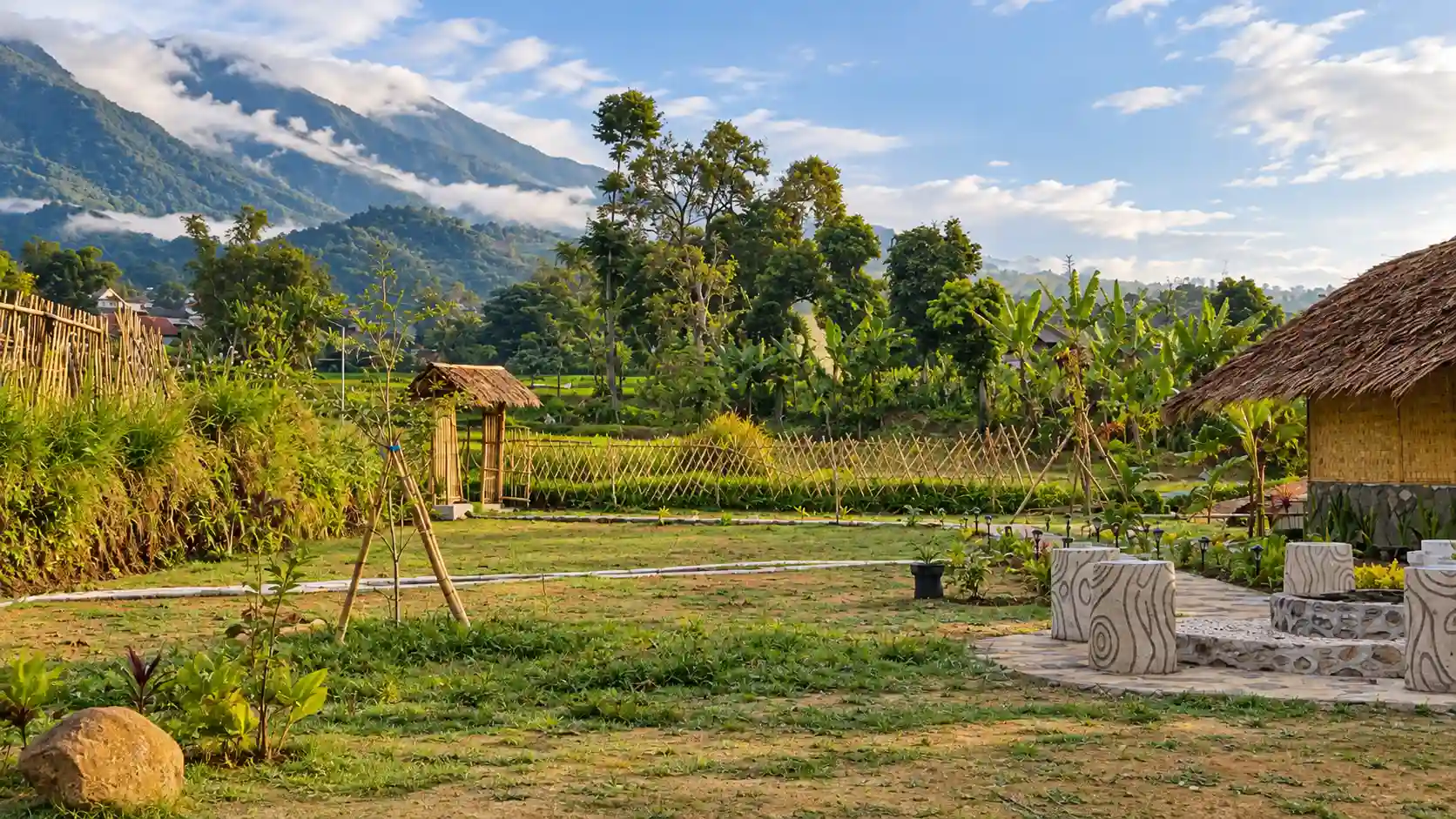 Bamboo cottages and countryside setting at Ardara Lodge in Garut